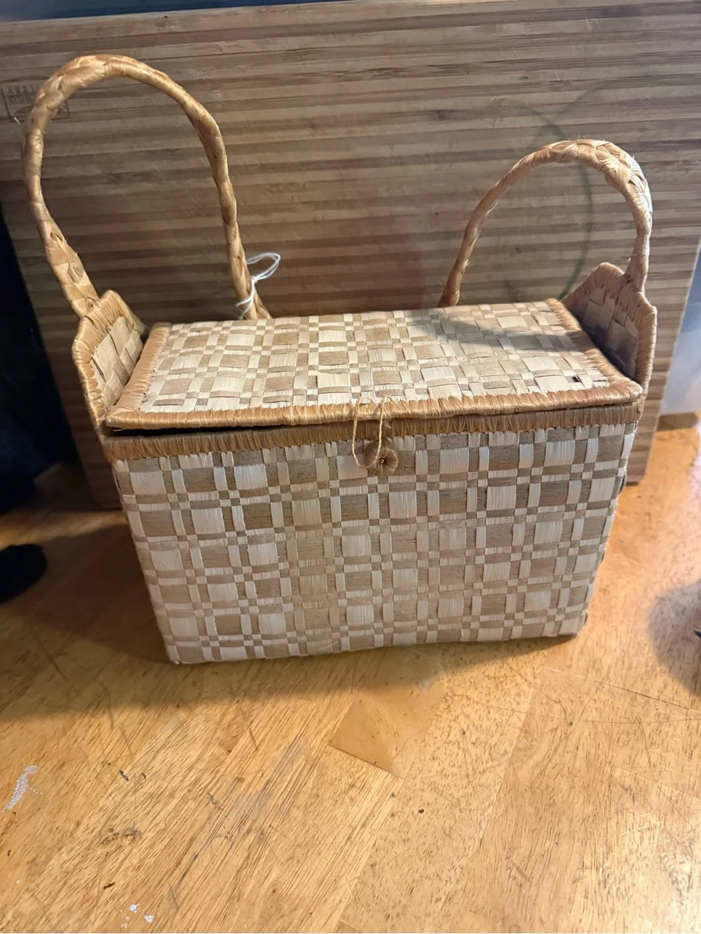 Vintage woven Palm leaf Polynesian handmade rectangular picnic basket purse bag